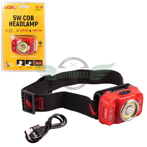 Ліхтар налобний VOIN VL-146, 5W-COB + (W / R) + 5W XPE / АКБ1800mAh / регул. нахилу / сенсор (VL-146)
