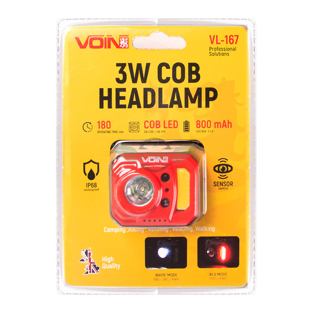 Ліхтар налобний VOIN VL-167, 3W-COB (W / R) + 3W XPE / АКБ800mAh / регул. нахилу / сенсор (VL-167)