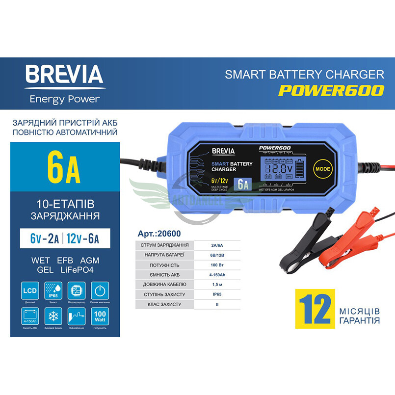 Зарядное устройство для АКБ Brevia Power600 6V/12V 6A 20600EP