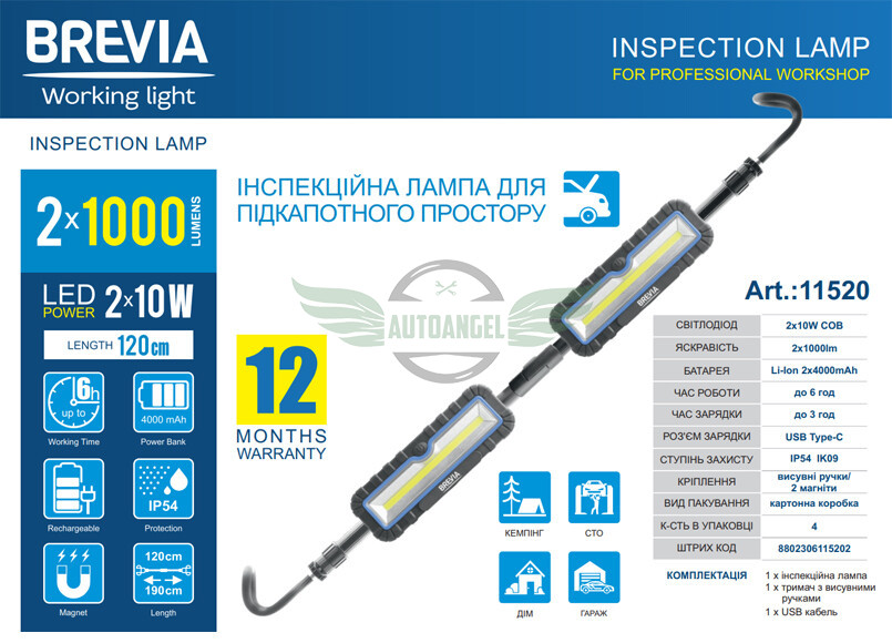 Професійний інспекційний LED-ліхтар Brevia 2x10W COB 2x1000lm 2x4000mAh Power Bank, type-C 11520