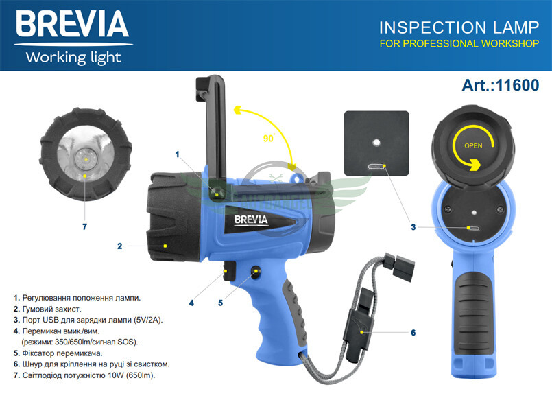 Ліхтар LED інспекційний Brevia 500М 10W LED 650lm 4400mAh+microUSB 11600
