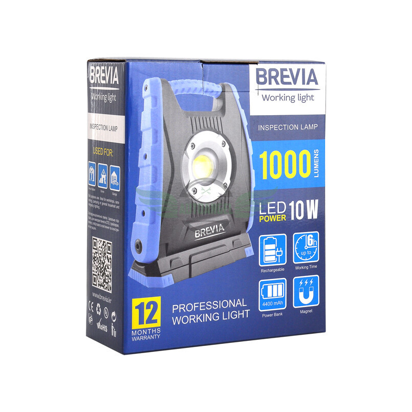Професійний інспекційний LED-ліхтар Brevia 10W COB 1000lm 4400mAh Power Bank, type-C 11410