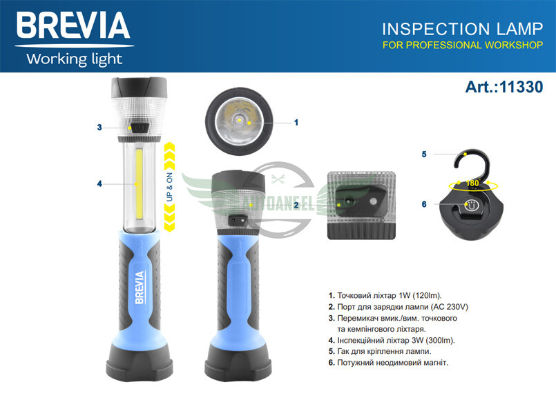 Ліхтар LED інспекційний телескопічний Brevia 3W COB+1W LED+8LED 300lm 2000mAh, адаптер AC 220 11330